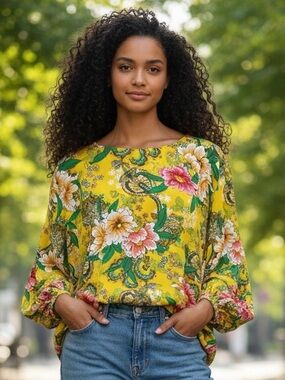 LOFT Yellow Floral Long Sleeve Tunic Top XL